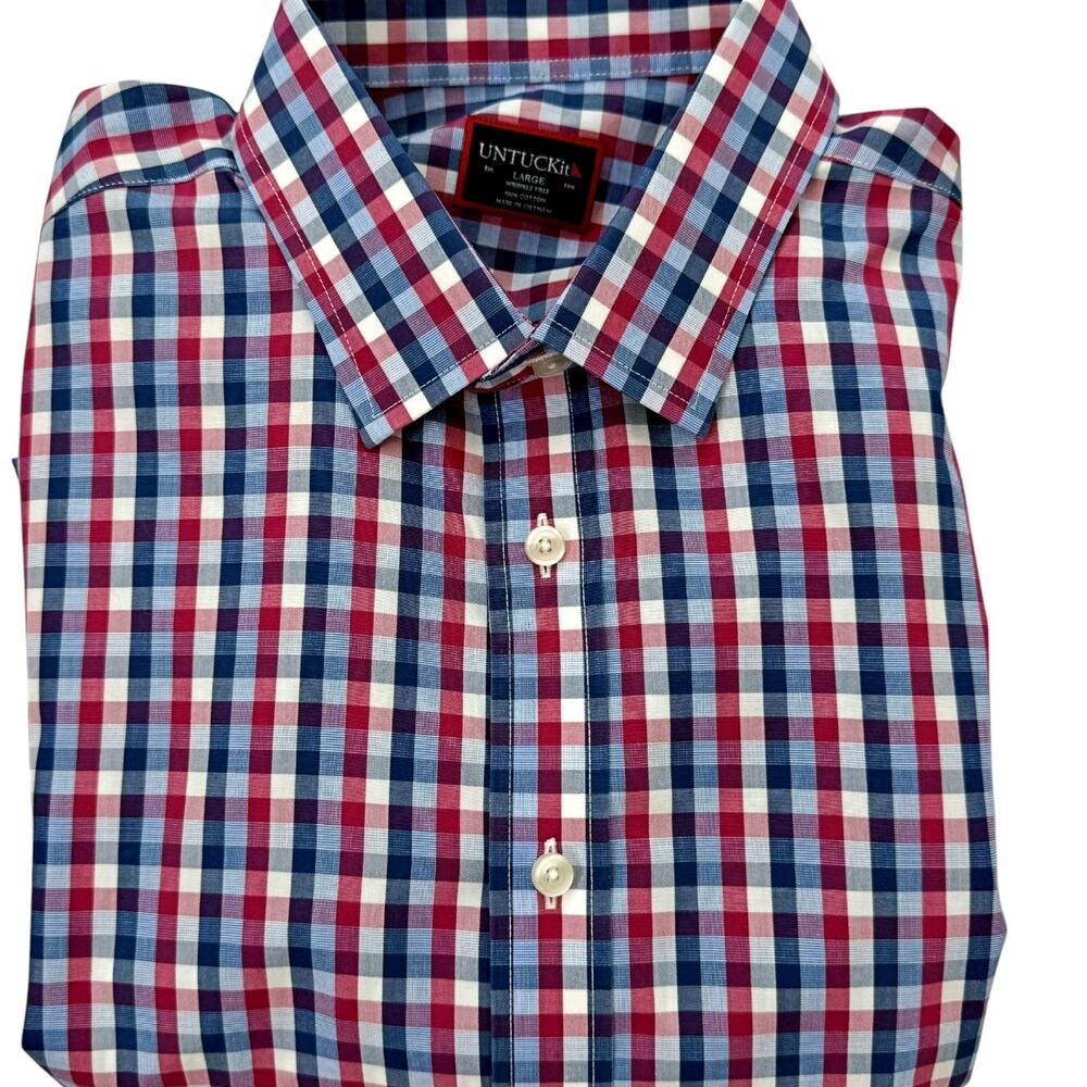 UNTUCKit Plaid Blue Pink White Plaid Check Button Down Shirt LARGE Wrinkle Free